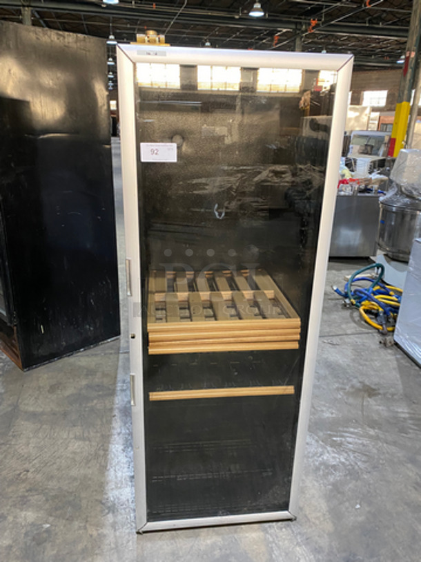 Euro Cave Commercial Refrigerated Single Door Wine Chiller Merchandiser! With View Through Door! With Wood Pattern Racks! NOT TESTED!  SN: 1091750 115V 60HZ