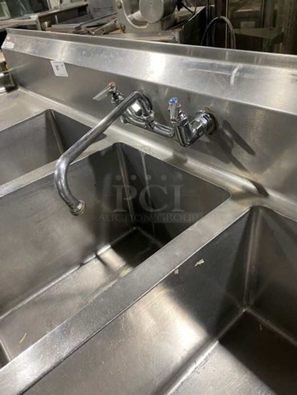 Aero Commercial 3 Compartment Dish Washing Sink! With Dual Side Drain Board! With Faucet And Handles! With Back Splash! All Stainless Steel! On Legs! - Image 6 of 9