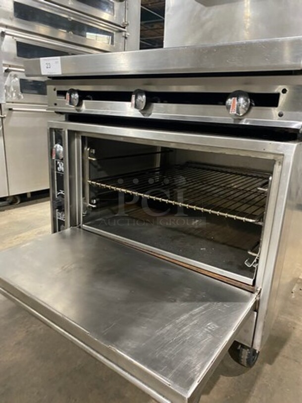 Jade Range Commercial Natural Gas Powered French Top/Hot Plate Stove! With Full Size Oven Underneath! With Metal Oven Racks! With Backsplash And Double Overhead Shelves! All Stainless Steel! On Casters! - Image 6 of 9
