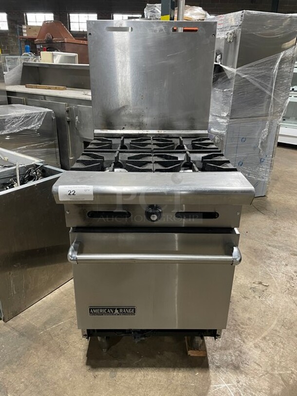 American Range Commercial Natural Gas Powered 4 Burner Stove! With Backsplash! With Ovens Underneath! All Stainless Steel! On Legs! - Image 1 of 9