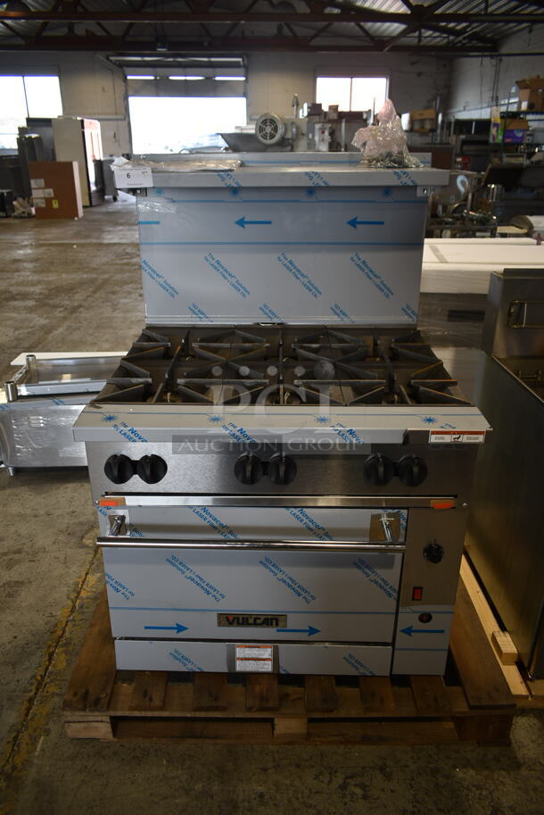 BRAND NEW SCRATCH AND DENT! Vulcan 36C-6BN Stainless Steel Commercial Natural Gas Powered 6 Burner Range w/ Convection Oven, Over Shelf and Back Splash. Stock Picture Used as Gallery. - Image 12 of 12