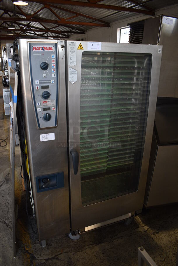 2013 Rational Model CMP202G Stainless Steel Commercial Natural Gas Powered Roll In Rack CombiMaster Plus Combination Oven w/ View Through Door and Metal Oven Racks on Casters. 43x42x71