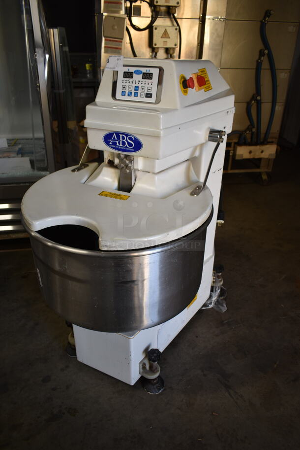 Sinmag SM-80T Metal Commercial Floor Style Spiral Mixer w/ Stainless Steel Mixing Bowl, Bowl Guard and Dough Hook Attachment. 220 Volts, 3 Phase. 