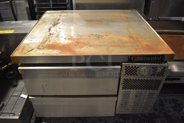 Continental Stainless Steel Commercial 2 Drawer Chef Base on Commercial Casters. 36x34x27. Tested and Working!