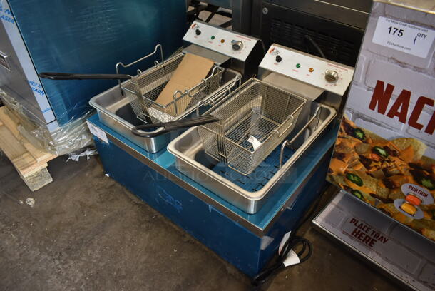 BRAND NEW SCRATCH AND DENT! Cooking Performance Group CPG DF-18-2 Stainless Steel Commercial Floor Style Electric Powered Double Bay Deep Fat Fryer w/ 2 Metal Fry Baskets. 208-240 Volts. Tested and Working! - Image 2 of 8