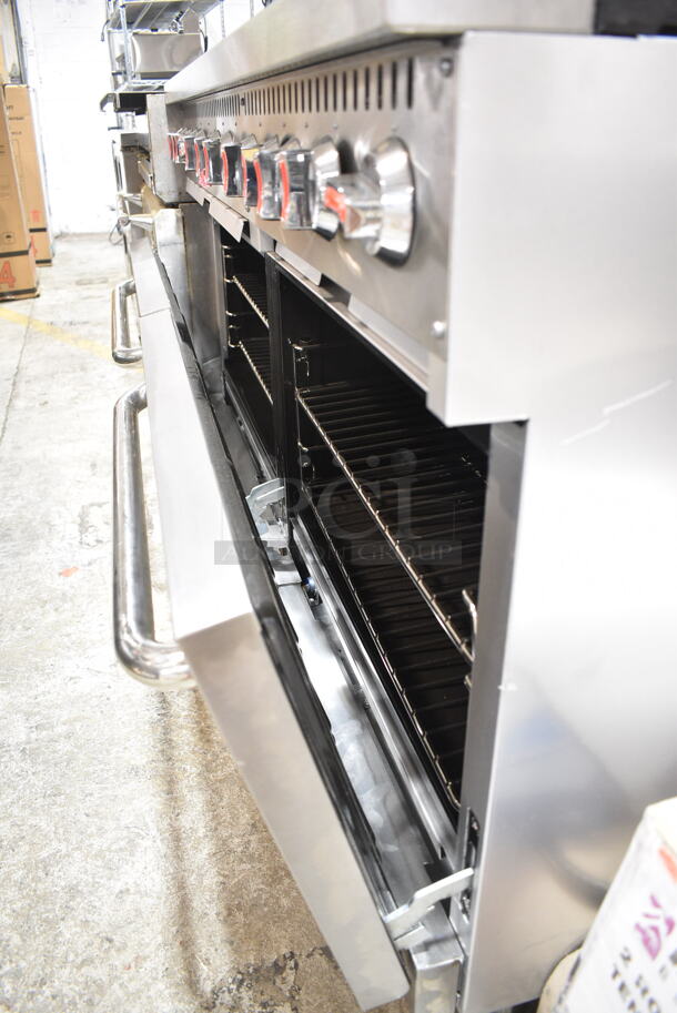 BRAND NEW SCRATCH AND DENT! Cooking Performance Group CPG 351CC60N Stainless Steel Commercial Natural Gas Powered 10 Burner Range w/ 2 CONVECTION Ovens, Over Shelf and Back Splash. 364,000 BTU.  - Image 7 of 10