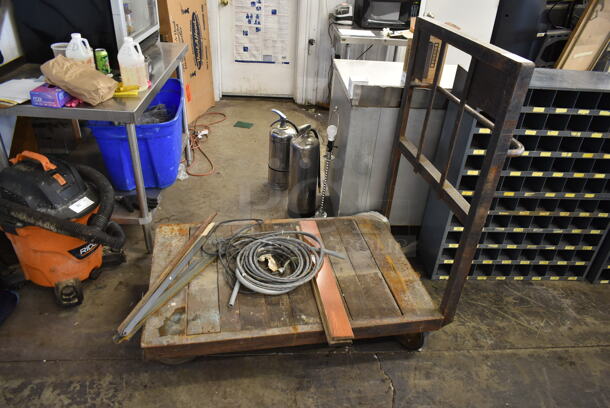 Metal and Wooden Flat Cart w/ Contents on Casters. - Image 1 of 5