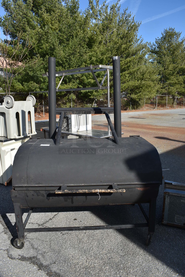 Metal Commercial Wood or Charcoal Fired Barbecue BBQ Roaster Grill on Commercial Casters. 70x60x86