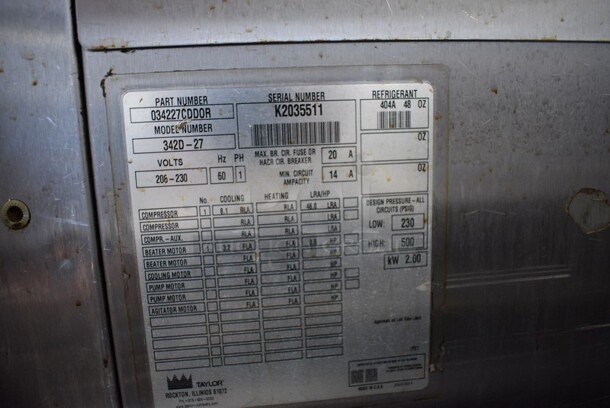 Taylor Model 342D-27 Stainless Steel Commercial Floor Style Air Cooled 2 Flavor Frozen Beverage Machine w/ Drink Mixer Attachment on Commercial Casters. 208-230 Volts, 1 Phase. 26x34x60 - Image 7 of 8
