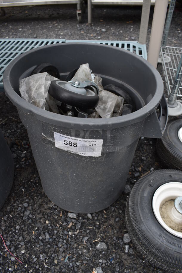 ALL ONE MONEY! Lot of Various Items Including Commercial Casters in Gray Poly Trash Can. 18x16x17