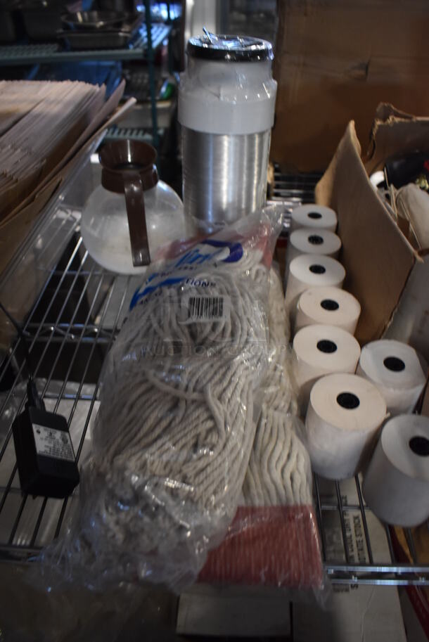ALL ONE MONEY! Lot of 3 Tiers Worth of Various Items Including Disposable Cups, Lids, Receipt Printer Rolls and Mop Heads - Image 7 of 12