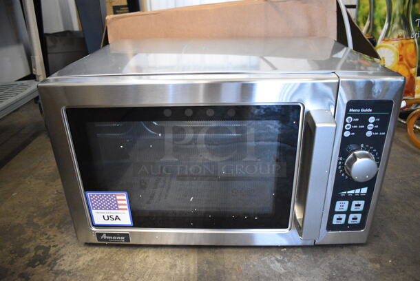 BRAND NEW SCRATCH AND DENT! Amana Model RCS10DSE Stainless Steel Commercial Countertop Microwave Oven. 120 Volts, 1 Phase. 22x17x13