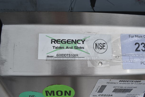 BRAND NEW SCRATCH AND DENT! Regency 600DDTS108R 16-Gauge 9' Soiled / Dirty Dish Table with 3-Compartment Sink - 20" x 20" x 12" Bowls - Right Drainboard.   - Image 11 of 11