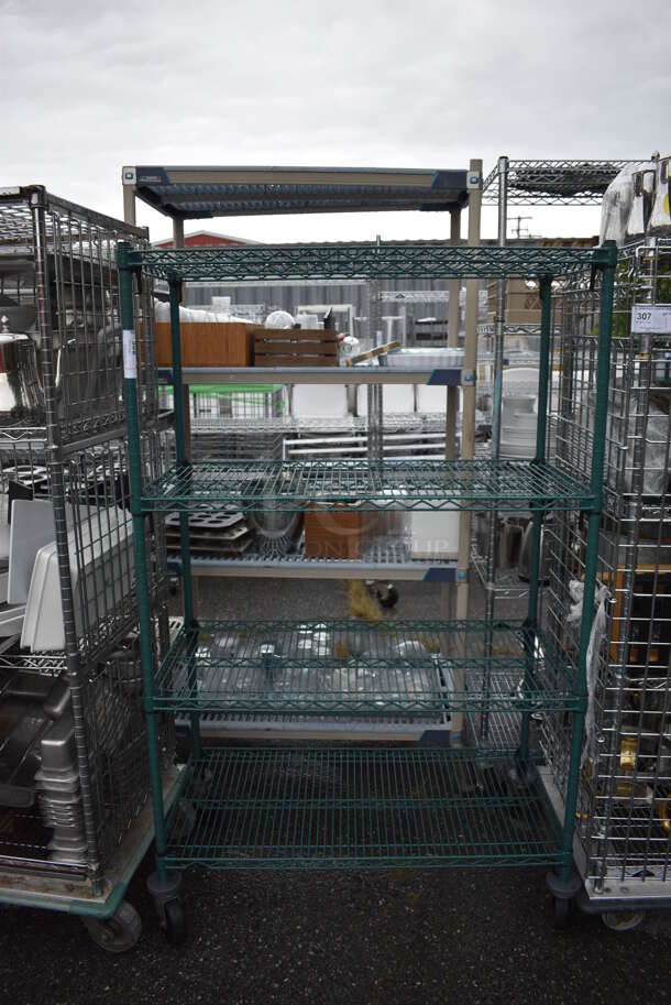 Metro Green Finish 4 Tier Shelving Unit on Commercial Casters. BUYER MUST DISMANTLE. PCI CANNOT DISMANTLE FOR SHIPPING. PLEASE CONSIDER FREIGHT CHARGES. 42x21x68