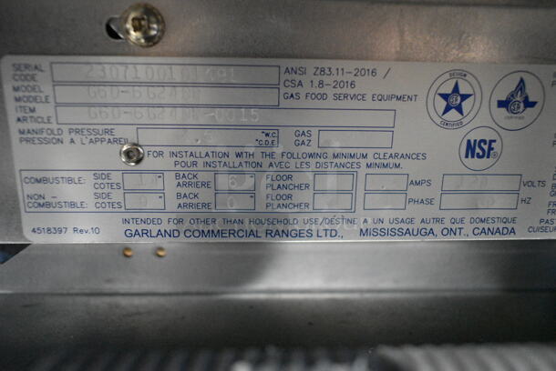 BRAND NEW! 2023 Garland G60-6G24CR Stainless Steel Commercial Floor Style Natural Gas Powered 6 Burner Range w/ Right Side Flat Top Griddle, 2 Ovens, Over Shelf and Back Splash. - Image 10 of 12