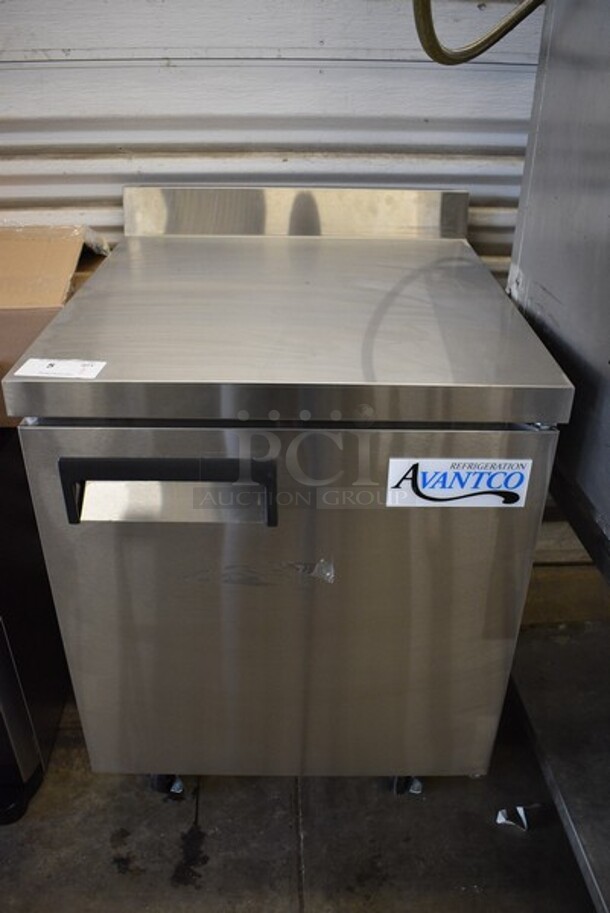 BRAND NEW SCRATCH AND DENT! Avantco Model 178AWT27FHC Stainless Steel Commercial Single Door Worktop Freezer w/ Poly Coated Rack on Commercial Casters. 115 Volts, 1 Phase. 27x29.5x39. Tested and Working!