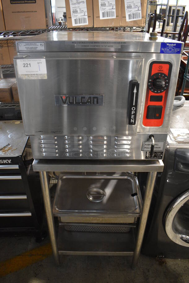 Vulcan 24EA3 Stainless Steel Commercial Electric Powered Single Deck Steam Cabinet on Stainless Steel Stand. 208/240 Volts, 3/1 Phase. 24x24x58