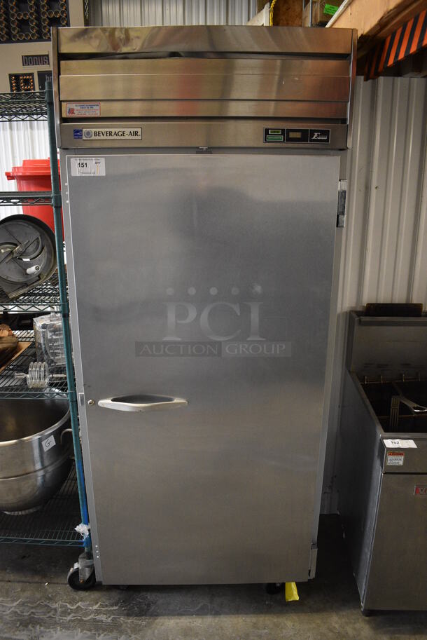 Beverage Air Model ER34-1 E Series ENERGY STAR Stainless Steel Commercial Wide Single Door Reach In Cooler w/ Poly Coated Racks on Commercial Casters. 115 Volts, 1 Phase. 35x34x84.5. Tested and Powers On But Does Not Get Cold