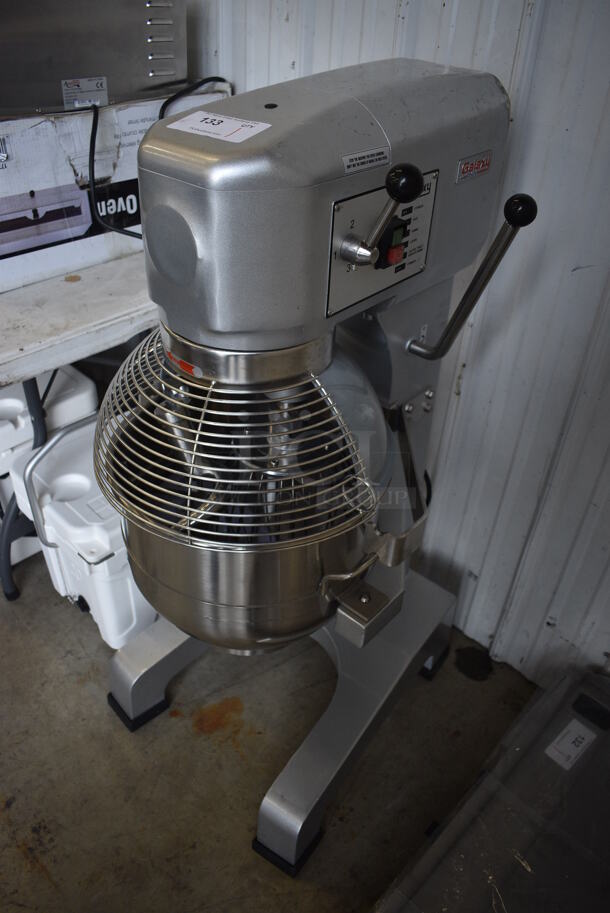BRAND NEW SCRATCH AND DENT! Galaxy 177GMIX30 Metal Commercial Floor Style 30 Quart Planetary Dough Mixer w/ Stainless Steel Mixing Bowl, Bowl Guard, Dough Hook, Balloon Whisk and Paddle Attachments. 110 Volts, 1 Phase. 20x23x45. Tested and Working!