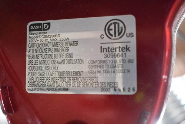 Dash DCSM250RD Metal Countertop Planetary Dough Mixer w/ Metal Mixing Cup. 120 Volts, 1 Phase. Tested and Working! - Image 7 of 7