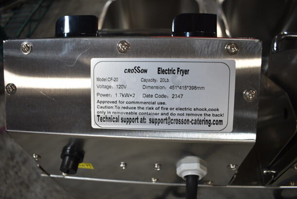 2023 Crosson CF-20 Stainless Steel Commercial Countertop Electric Powered 2 Bay Fryer w/ 2 Metal Fry Baskets and 2 Lids. 120 Volts, 1 Phase. - Image 6 of 6