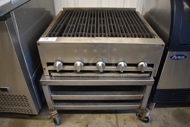 Stainless Steel Commercial Countertop Natural Gas Powered Charbroiler Grill on Stainless Steel Equipment Stand w/ 2 Under Shelves on Commercial Casters. 30x30x29