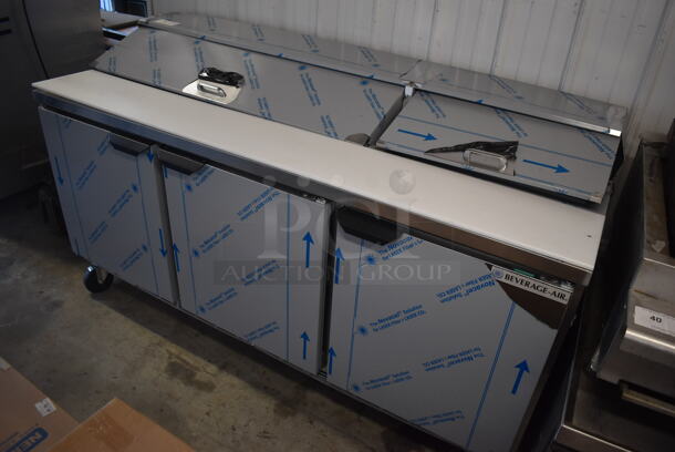 BRAND NEW SCRATCH AND DENT! Beverage Air SPE72HC-18 Stainless Steel Commercial Sandwich Salad Prep Table Bain Marie Mega Top w/ Racks and 18 Drop In Bins on Commercial Casters. 115 Volts, 1 Phase. 72x30x43. Tested and Working! - Image 3 of 12
