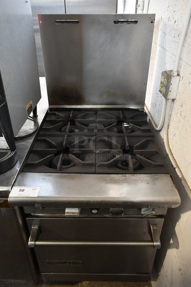 American Range AR-4 Stainless Steel Commercial Natural Gas Powered 4 Burner Range w/ Oven and Back Splash on Commercial Casters.