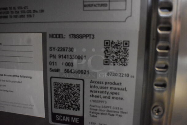 BRAND NEW SCRATCH AND DENT! Avantco SSPPT-3 93" 4 Drawer 1 Door Refrigerated Pizza Prep Table on Commercial Casters. 115 Volts 1 Phase. Tested and Working! - Image 10 of 10