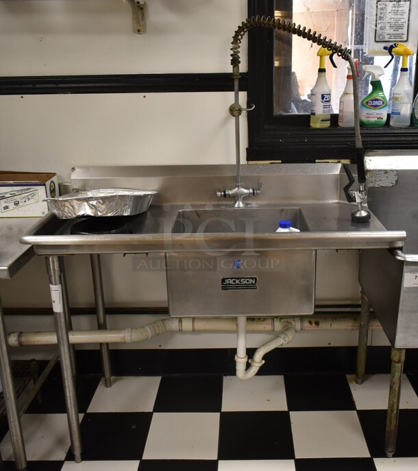 Stainless Steel Commercial Single Bay Left Side Dirty Side Dishwasher Table w/ Spray Nozzle Attachment and Handles. Bay 20x20. Drain Board 19x23.5. BUYER MUST REMOVE. (kitchen) - Item #1074894