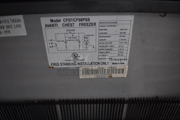 Avanti CF97/CF98PSS Metal Commercial Chest Freezer. 115 Volts, 1 Phase. 25.5x21x33. Tested and Working! - Image 5 of 5