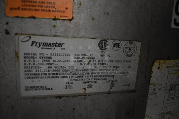 Frymaster GF40SD Stainless Steel Commercial Floor Style Propane Gas Powered Deep Fat Fryer w/ 2 Metal Fry Baskets on Commercial Casters. 122,000 BTU. 15.5x28x51 - Image 7 of 7