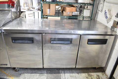 Blue Air BLUR72 Stainless Steel Commercial 3 Door Undercounter Cooler on Commercial Casters. 115 Volts, 1 Phase. Tested and Powers On But Does Not Get Cold