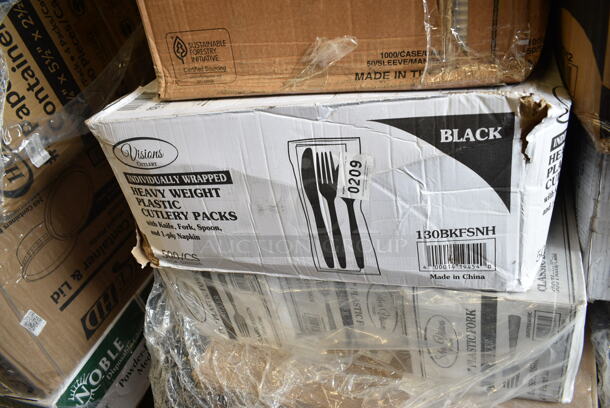 PALLET LOT of 25 BRAND NEW Boxes Including 164TS1800 Lancaster Table & Seating 18" Cast Iron Table Base Spider, QSB116CL Shelf Bins, DMT-20 20 Oz Cups, 500CC12 Choice Clear PET Customizable Plastic Cold Cup - 12 oz. - 1000/Case, 130BKFSNH Visions Heavy Weight Black Wrapped Plastic Cutlery Pack with Napkin - 500/Case, 3 Box 129MCS24B Choice 24 oz. Black Rectangular Microwavable Heavy Weight Container with Lid 8" x 5 1/4" x 2" - 150/Case, 43209600 Ecru Beverage Napkins, 394365L Large Noble Gloves, 128HD8COMBO ChoiceHD 8 oz. Microwavable Translucent Plastic Deli Container and Lid Combo Pack - 240/Case. 25 Times Your Bid! - Image 7 of 11