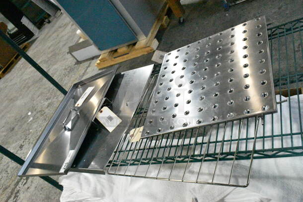 4 BRAND NEW SCRATCH AND DENT! Items Including 3698230368 Frymaster 8230368 17" x 18" Chicken / Fish Plate for MJCF Fryers, 3698102235 Frymaster 8102235 Basket Support Rack, 3691080220SP Frymaster 1080220SP 20" x 22 1/4" Cover for RE80 Fryers, 3698239414 Frymaster 8239414 14 5/8" x 19 3/8" Stainless Steel Full Pot Fryer Cover. 4 Times Your Bid!  - Image 1 of 10