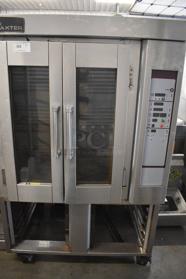 Baxter Stainless Steel Commercial Natural Gas Powered Mini Rotating Rack Oven w/ View Through Doors and Lower Pan Rack on Commercial Casters. 48x36x75