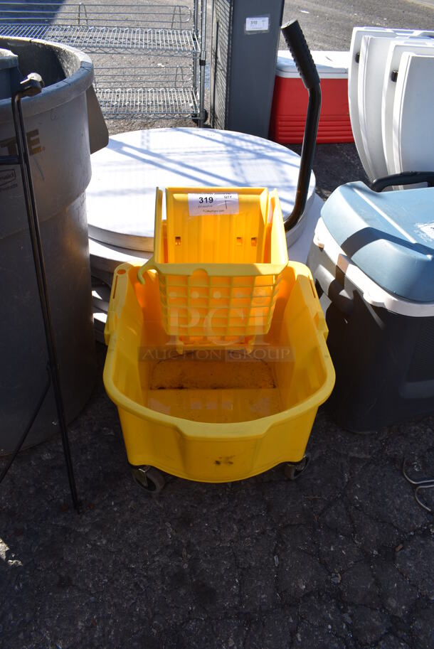 Yellow Poly Mop Bucket w/ Wringing Attachment on Commercial Casters. 18x20x36