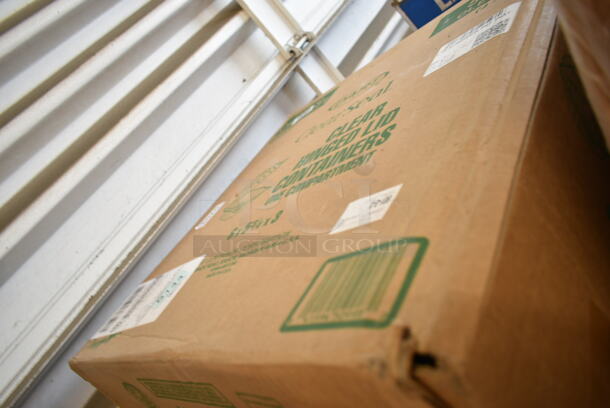 PALLET LOT of 30 BRAND NEW Boxes Including 2 Box 500LFLAT Choice Clear Plastic Flat Lid with Straw Slot - 32 oz. - 500/Case, 2 Box 795PTOKFT3 Choice Kraft Microwavable Folded Paper #3 Take-Out Container 7 3/4" x 5 1/2" x 2 1/2" - 200/Case, Clear Hinged Lid Containers, 2 Choice Black 1.5 oz Portion Cups, 500CC10 Choice 10 oz. Clear PET Plastic Cold Cup - 1000/Case, 2 Box Corrugated White Circles 12", Dinex DX3353IL03 DuraTherm Onyx Insulated 9 oz. Soup Bowl Lid - 48/Case, 2 Box 128HD8COMBO  ChoiceHD 8 oz. Microwavable Translucent Plastic Deli Container and Lid Combo Pack - 240/Case, 2 Box 394365M Medium Noble Gloves, Lavex Black 3946101M Gloves, 2 Box 500CC12 Choice Clear PET Customizable Plastic Cold Cup - 12 oz. - 1000/Case. 30 Times Your Bid! - Image 2 of 12