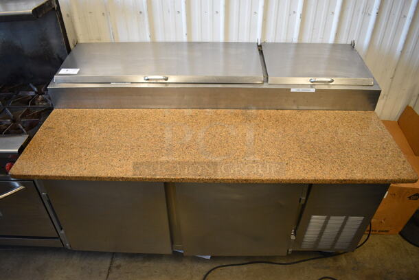 Beverage Air DP67 Stainless Steel Commercial Pizza Prep Table w/ Granite Oversized Cutting Board on Commercial Casters. 115 Volts, 1 Phase. 67x37x45. Tested and Working! - Image 1 of 9