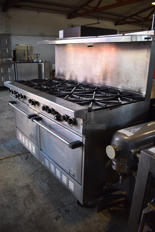 Stainless Steel Commercial Natural Gas Powered 10 Burner Range w/ 2 Ovens, Over Shelf and Back Splash on Commercial Casters. 60x33x58 - Image 3 of 7