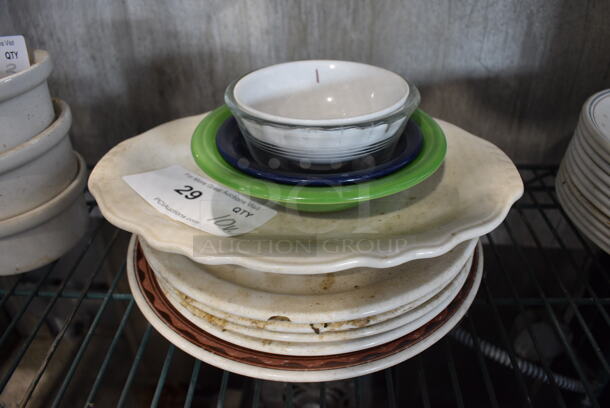 ALL ONE MONEY! Lot of 10 Various Dishes Including Ceramic Plates, Ceramic Bowls and Glass Bowl. Includes 11.5x8.5x1