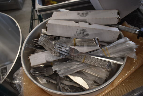 ALL ONE MONEY! Lot of BRAND NEW SCRATCH AND DENT! Items Including 267010005 Choice Windsor 7" 18/0 Stainless Steel Dinner Fork, 267010008 Choice Windsor 8 3/8" Stainless Steel Dinner Knife - 12/Case, 4 407STRNFS3 Choice 8" x 3" Stainless Steel Fine Mesh Strainer, 3227DAYRKIT Noble Products 1" Removable Day of the Week Label Rolls, Five 4070369 Choice 1/3 Size 6" Deep 24 Gauge Anti-Jam Stainless Steel Steam Table / Hotel Pan, Four 4070160 Choice 1/6 Size Stainless Steel Solid Steam Table / Hotel Pan Cover, 176FROTHP33 Choice 33 oz. Polished Stainless Steel Frothing Pitcher, 69332880 Dexter-Russell 12" Round Regular Cut Knife Sharpening Steel with Black Plastic Handle 30505, 407CPAN122A Choice 12" x 2" Round Straight-Sided Aluminum Cake Pan, Six 373CHLORVIAL Noble Chemical CM-240 Chlorine Test Strips 10-200 ppm - 100 Count Vial, Two 723BMATBK Choice 12" x 18" Black Bar Mat, 407MATSILF Choice 16 1/2" x 24 1/2" Full Size Silicone Non-Stick Baking Mat. - Image 2 of 10