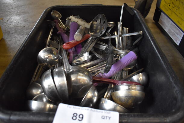 ALL ONE MONEY! Lot of Various Utensils Including Scoopers and Spoodles in Black Poly Bus Bin