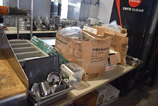 ALL ONE MONEY! Lot of Various Items Under Table Including Poly Silverware Bins, Painting Supplies and Plastic Lids - Image 2 of 12