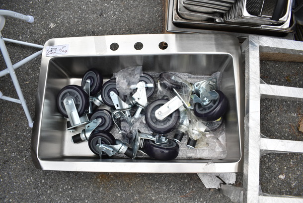 BRAND NEW SCRATCH AND DENT! Stainless Steel Commercial Single Bay Drop In Sink w/ 12 Commercial Casters.  - Image 4 of 8
