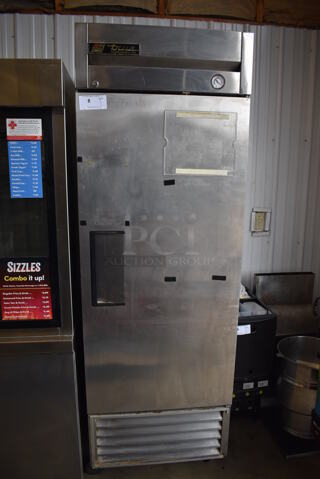 True T-23 Stainless Steel Commercial Single Door Reach In Cooler on Commercial Casters. 115 Volts, 1 Phase. 27x30x83. Tested and Powers On But Does Not Get Cold