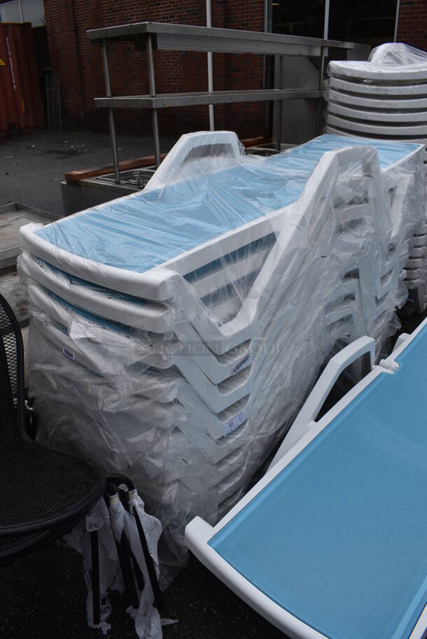 5 BRAND NEW SCRATCH AND DENT! Lancaster Table & Seating White Stacking Adjustable Chaise with Marine Blue Sling Seat. 72x28x19. 5 Times Your Bid! - Image 5 of 5
