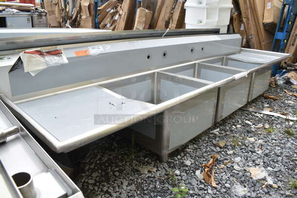 BRAND NEW SCRATCH AND DENT! Regency 600S32323224 121" 16-Gauge Stainless Steel Three Compartment Commercial Sink with Galvanized Steel Legs and 2 Drainboards - 23" x 23" x 12" Bowls. No Legs.   - Image 3 of 9