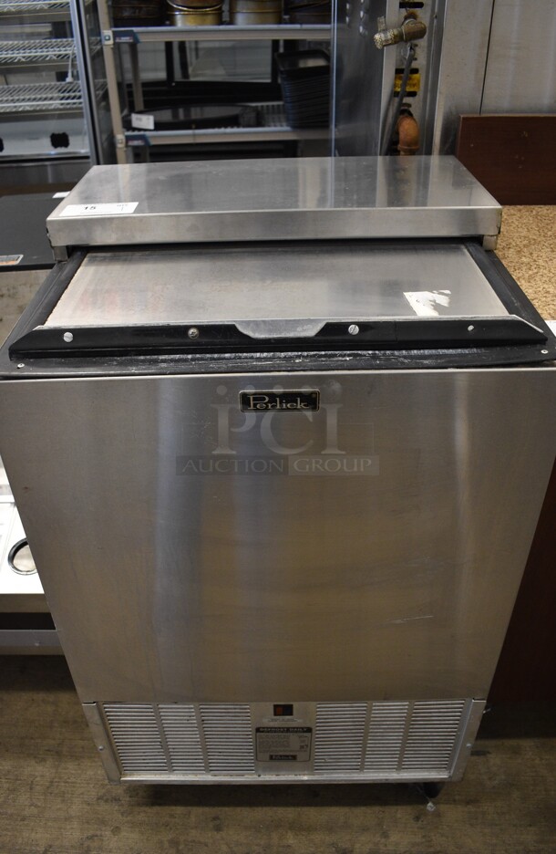 Perlick Model SR2-1 Stainless Steel Commercial Bottle Back Bar Cooler on Commercial Casters. 115 Volts, 1 Phase. 24x24x38. Tested and Working!