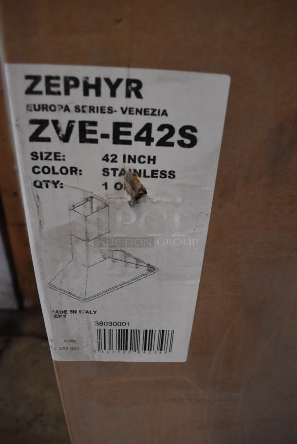 BRAND NEW SCRATCH AND DENT! Zephyr Venezia ZVE-E42S Stainless Steel 42 Inch 700 CFM Wall Mount Range Hood. Stock Picture Used For Gallery Picture. - Image 11 of 12